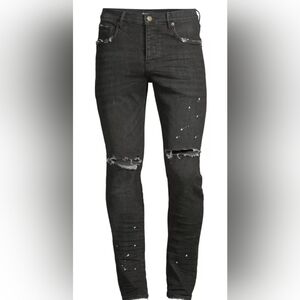 SIZE 36×34 PURPLE BRAND RESIN KNEE SLIT SKINI OVER SPRAY SLIM FIT BLACK JEANS